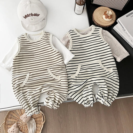 ノースリーブロンパース ベビーロンパース ボーダーノースリーブジャンプスーツ【mh0008701】