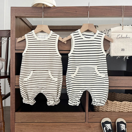 ノースリーブロンパース ベビーロンパース ボーダーノースリーブジャンプスーツ【mh0008701】