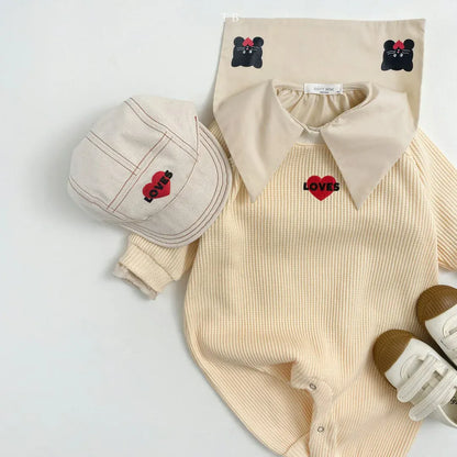 長袖ロンパース ベビーロンパース ハートロゴ刺繍長袖ボディスーツ【mh0008731】