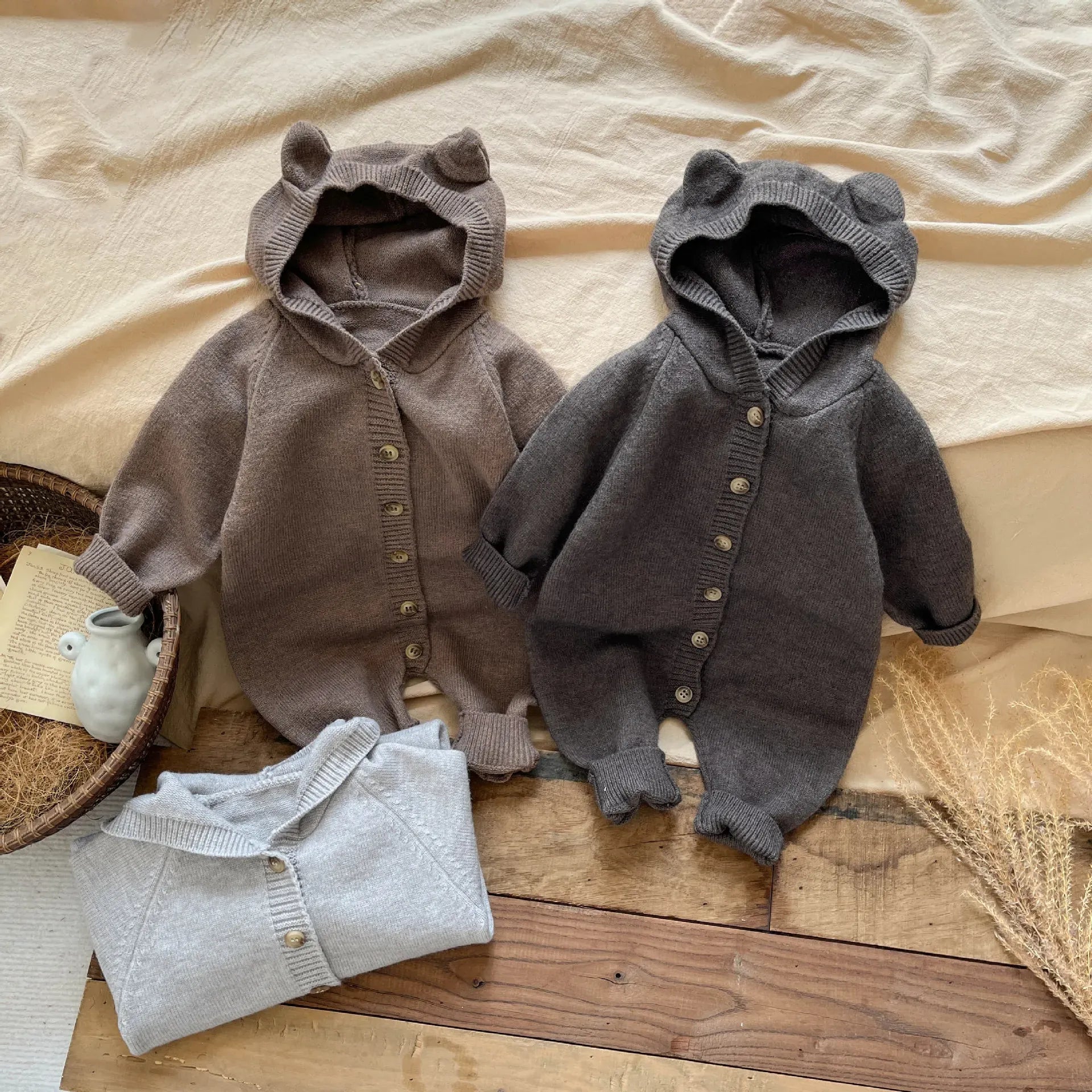 長袖ロンパース ベビージャンプスーツ くま耳フーディニット長袖ロンパース【mh0008768】