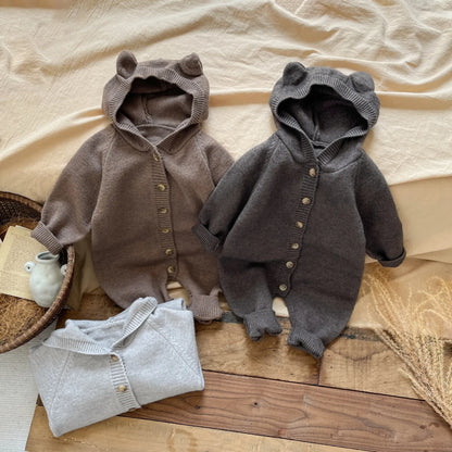 長袖ロンパース ベビージャンプスーツ くま耳フーディニット長袖ロンパース【mh0008768】