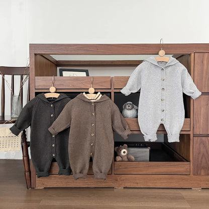 長袖ロンパース ベビージャンプスーツ くま耳フーディニット長袖ロンパース【mh0008768】