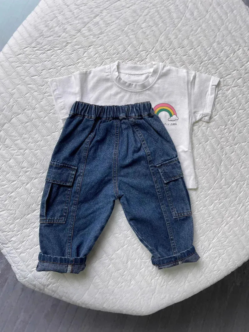 デニムパンツ キッズパンツ シンプルルーズデニムカーゴパンツ【mh0008772】