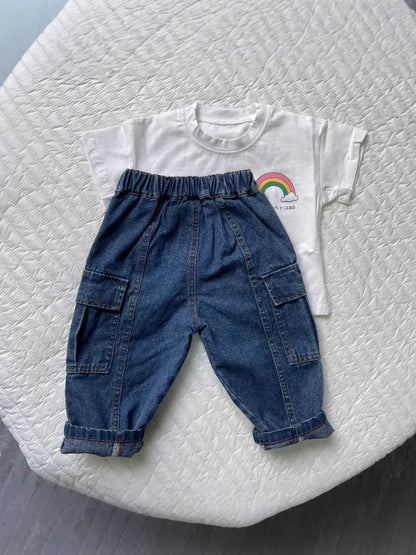 デニムパンツ キッズパンツ シンプルルーズデニムカーゴパンツ【mh0008772】