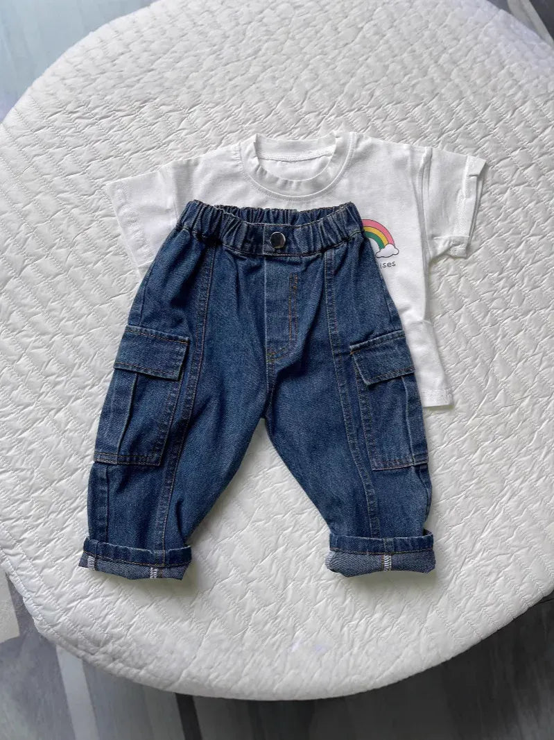 デニムパンツ キッズパンツ シンプルルーズデニムカーゴパンツ【mh0008772】