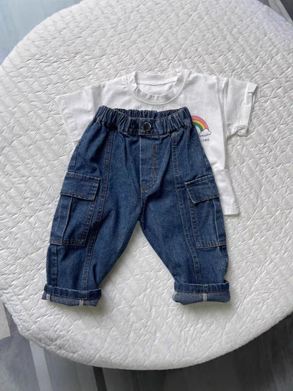 デニムパンツ キッズパンツ シンプルルーズデニムカーゴパンツ【mh0008772】