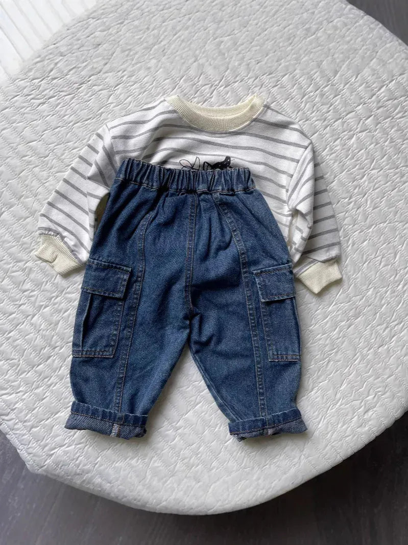 デニムパンツ キッズパンツ シンプルルーズデニムカーゴパンツ【mh0008772】