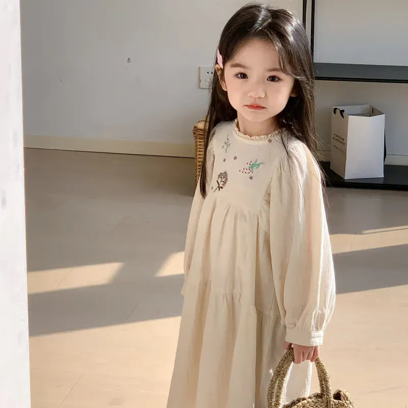 長袖ワンピース キッズワンピース 刺繍長袖パフスリーブワンピース【mh0008794】