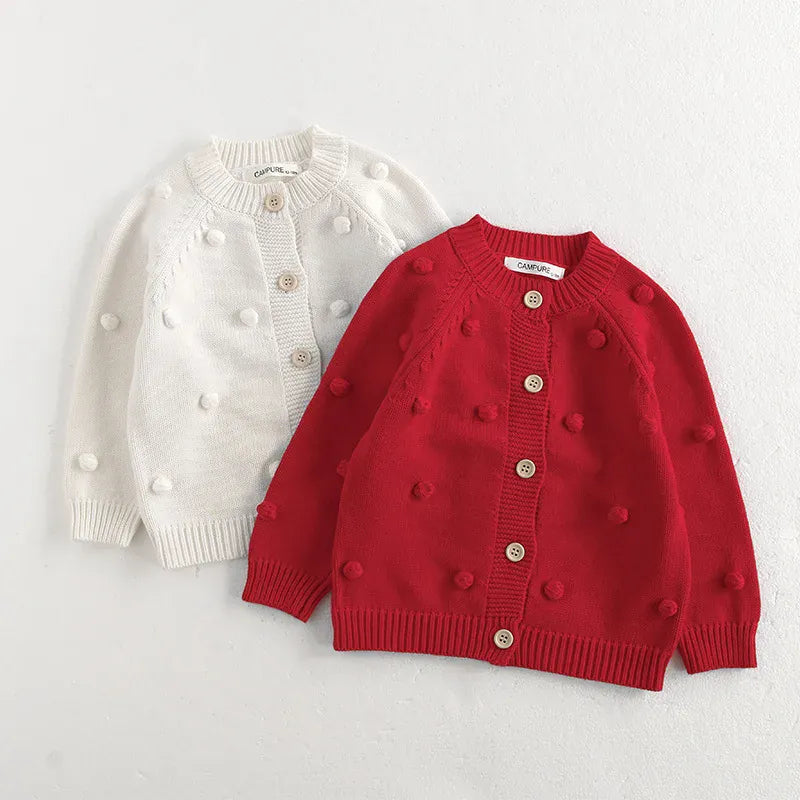 カーディガン・パーカー キッズカーディガン ぽんぽん水玉長袖ニットジャケット【mh0008802】