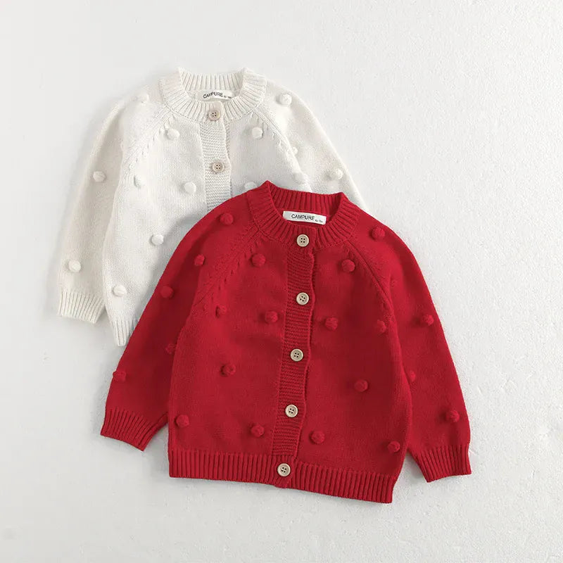 カーディガン・パーカー キッズカーディガン ぽんぽん水玉長袖ニットジャケット【mh0008802】