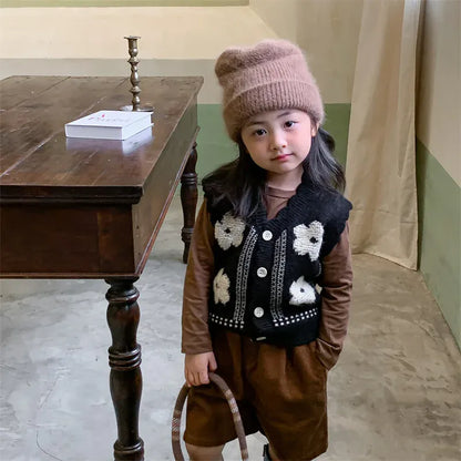 ベスト キッズベスト レトロフラワー前あきニットベスト【mh0008814】