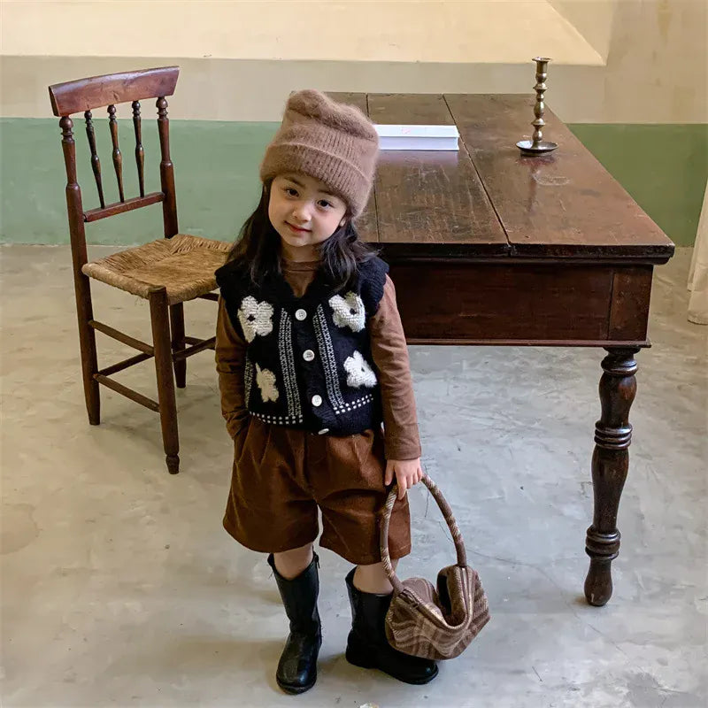 ベスト キッズベスト レトロフラワー前あきニットベスト【mh0008814】