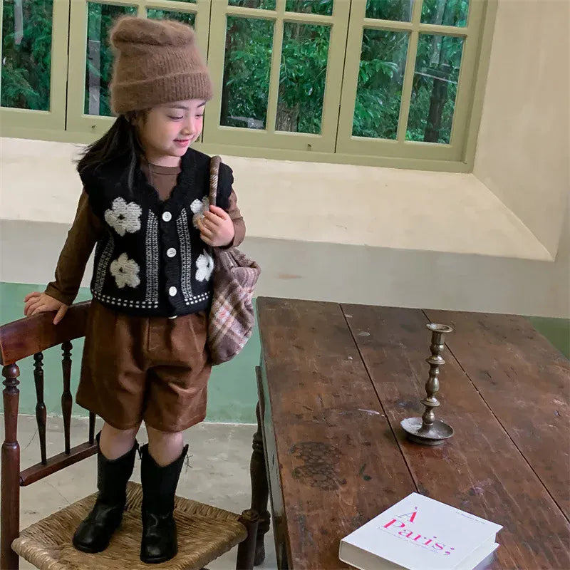 ベスト キッズベスト レトロフラワー前あきニットベスト【mh0008814】