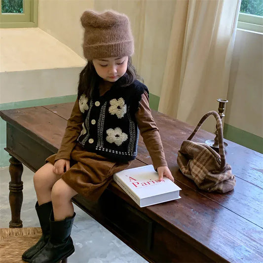 ベスト キッズベスト レトロフラワー前あきニットベスト【mh0008814】