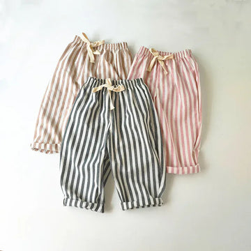 ロングパンツ・スウェットパンツ キッズパンツ ストライプコットンリネンロングルーズワイドイージーパンツ【mh0008819】
