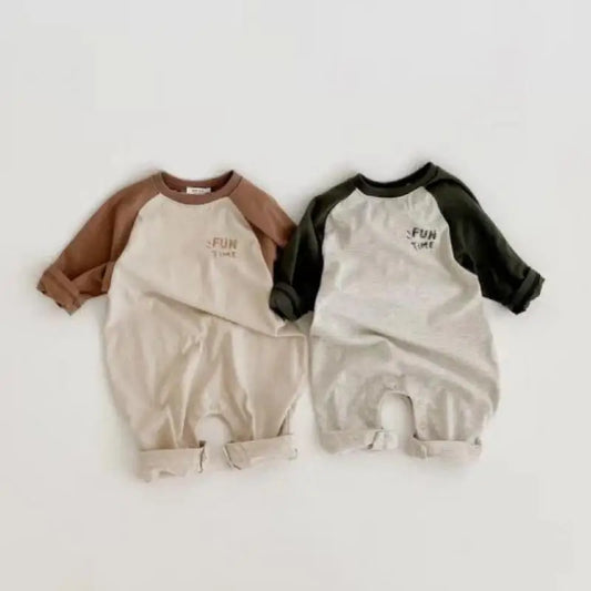 長袖ロンパース ベビーロンパース パッチワークラグランスリーブ長袖ジャンプスーツ【mh0008839】