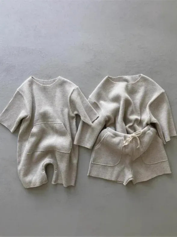 長袖ロンパース ベビージャンプスーツ カンガルーポケット長袖ニットロンパース【mh0008843】