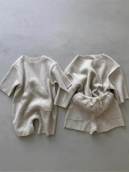 長袖ロンパース ベビージャンプスーツ カンガルーポケット長袖ニットロンパース【mh0008843】