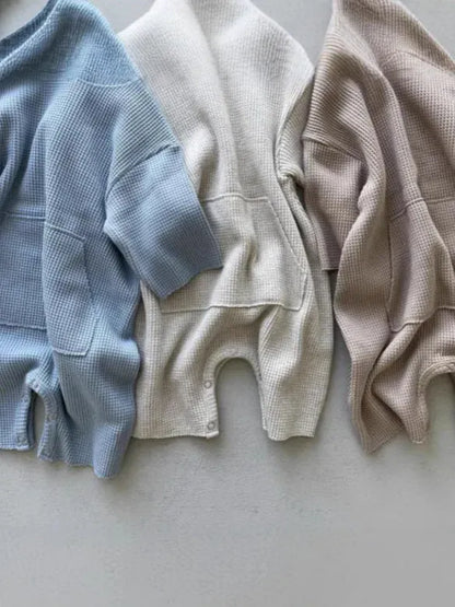 長袖ロンパース ベビージャンプスーツ カンガルーポケット長袖ニットロンパース【mh0008843】