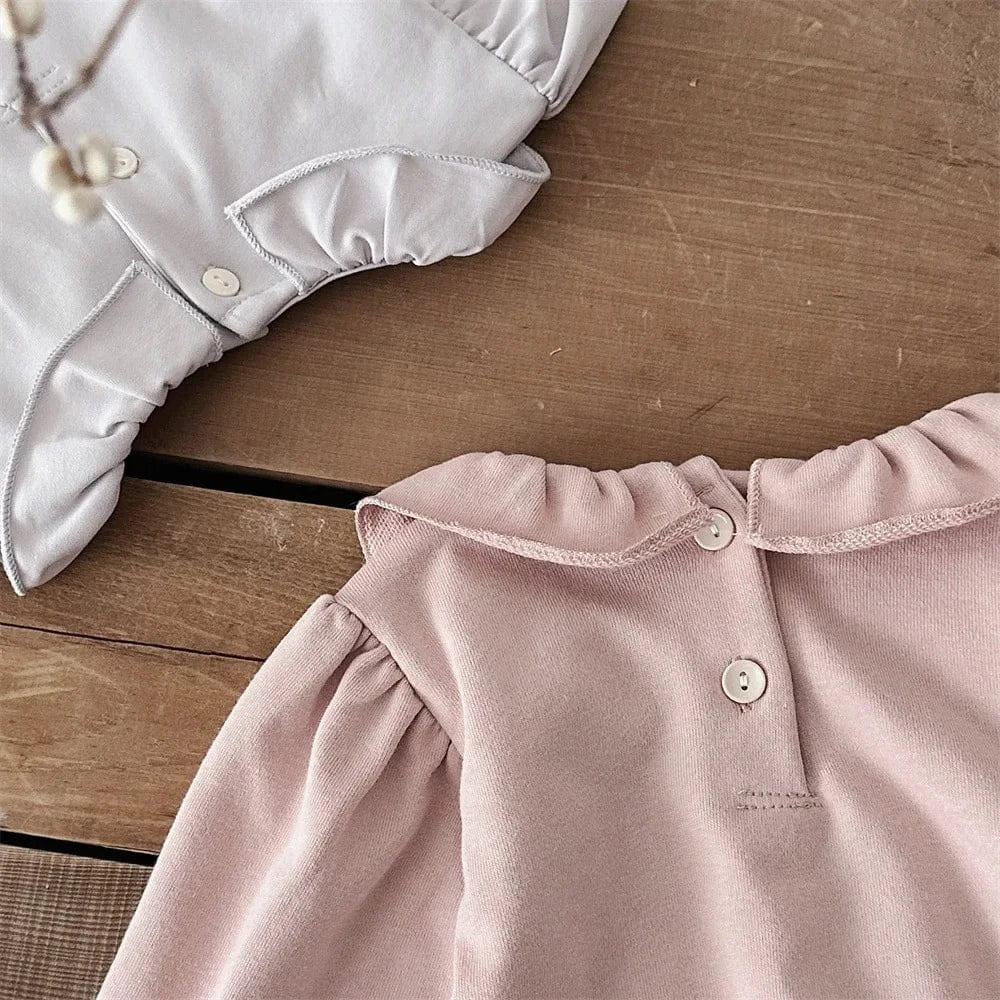 長袖ロンパース ベビーロンパース フロントリボンタックラッフル襟長袖ボディスーツ【mh0008844】