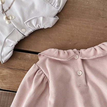 長袖ロンパース ベビーロンパース フロントリボンタックラッフル襟長袖ボディスーツ【mh0008844】