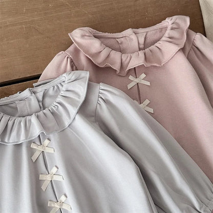 長袖ロンパース ベビーロンパース フロントリボンタックラッフル襟長袖ボディスーツ【mh0008844】