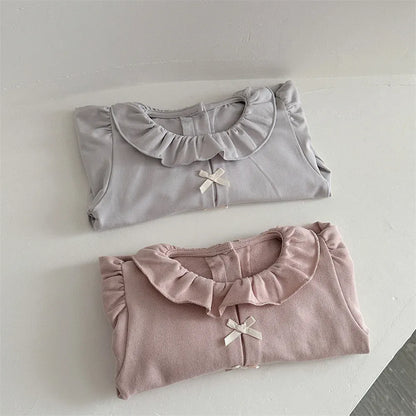 長袖ロンパース ベビーロンパース フロントリボンタックラッフル襟長袖ボディスーツ【mh0008844】