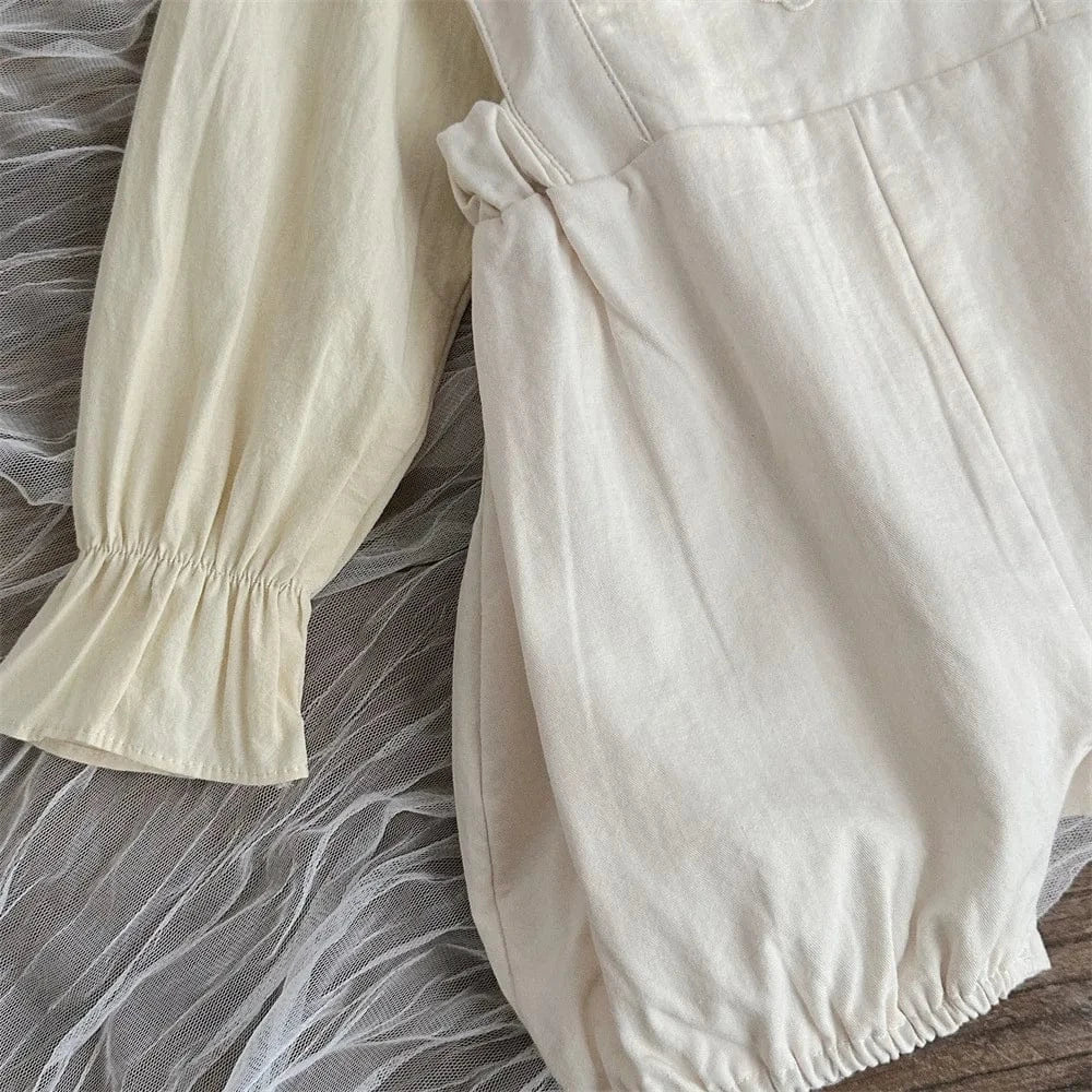 長袖セットアップ ベビートップス/ジャンプスーツ ラッフル襟長袖ブラウス/ショルダーフリルレース刺繍ノースリーブロンパース【mh0008845】