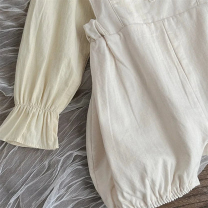 長袖セットアップ ベビートップス/ジャンプスーツ ラッフル襟長袖ブラウス/ショルダーフリルレース刺繍ノースリーブロンパース【mh0008845】