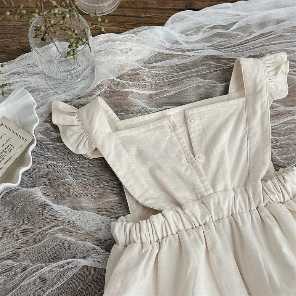 長袖セットアップ ベビートップス/ジャンプスーツ ラッフル襟長袖ブラウス/ショルダーフリルレース刺繍ノースリーブロンパース【mh0008845】