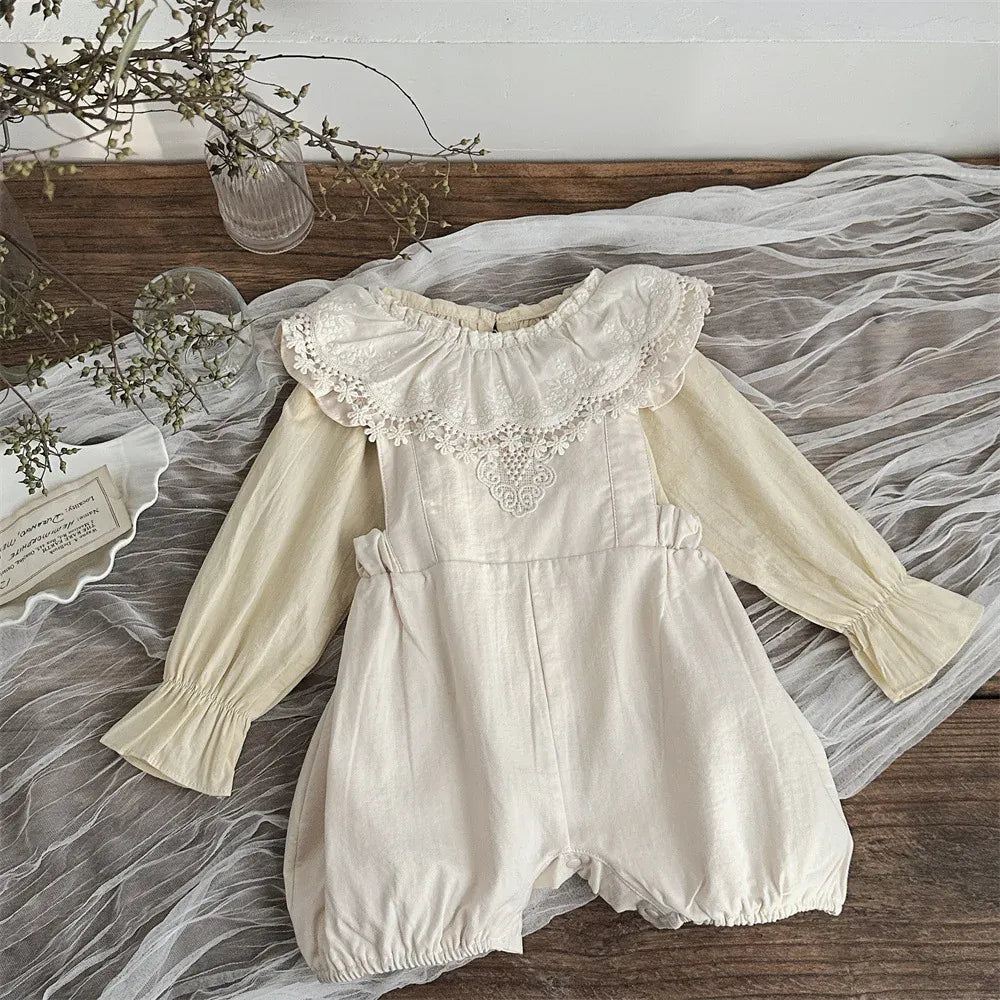 長袖セットアップ ベビートップス/ジャンプスーツ ラッフル襟長袖ブラウス/ショルダーフリルレース刺繍ノースリーブロンパース【mh0008845】