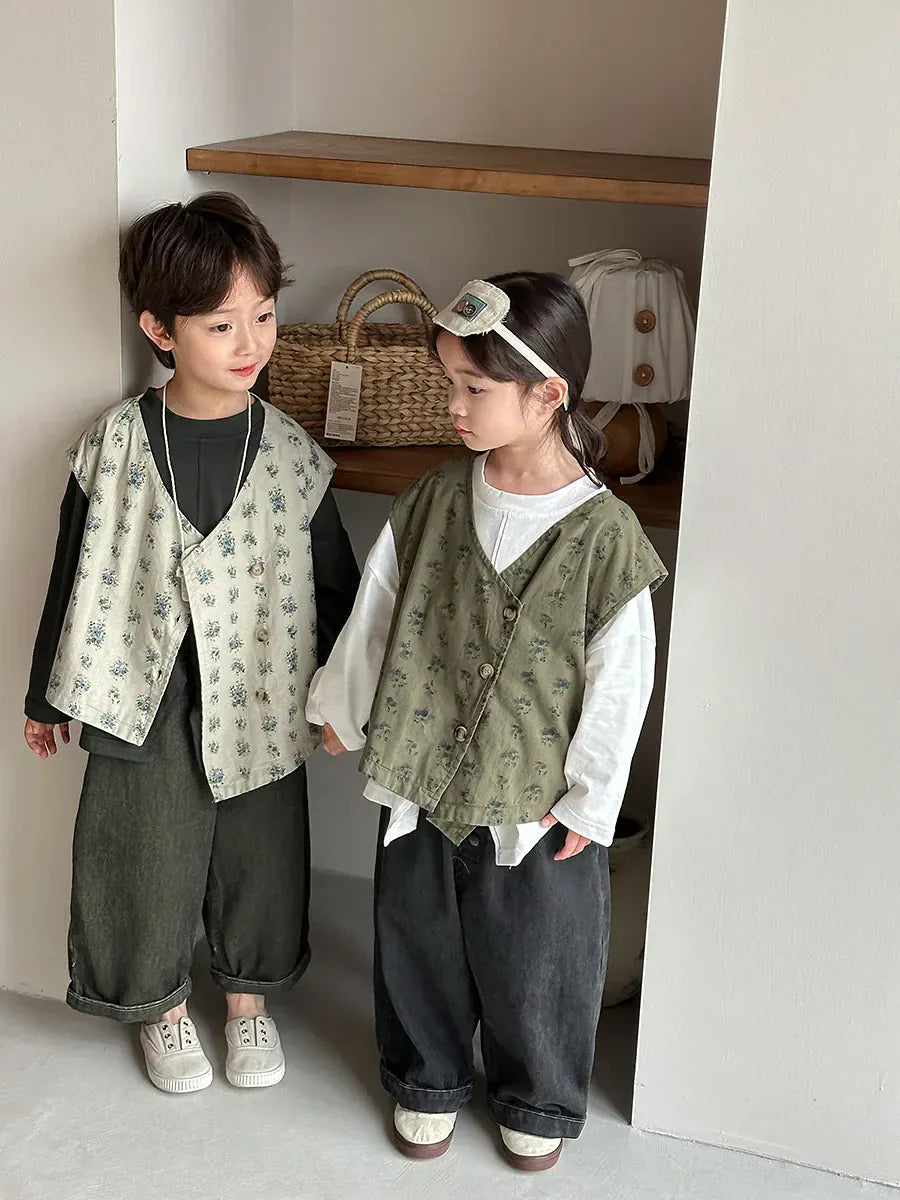 ベスト キッズベスト フラワープリントアシメボタンベスト【mh0008891】