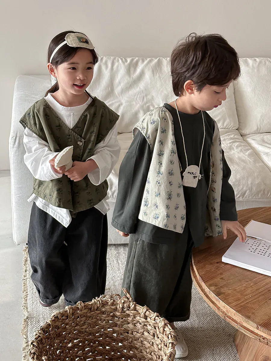 ベスト キッズベスト フラワープリントアシメボタンベスト【mh0008891】