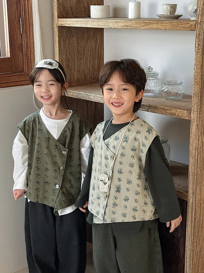 ベスト キッズベスト フラワープリントアシメボタンベスト【mh0008891】