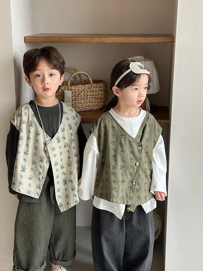 ベスト キッズベスト フラワープリントアシメボタンベスト【mh0008891】