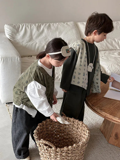 ベスト キッズベスト フラワープリントアシメボタンベスト【mh0008891】