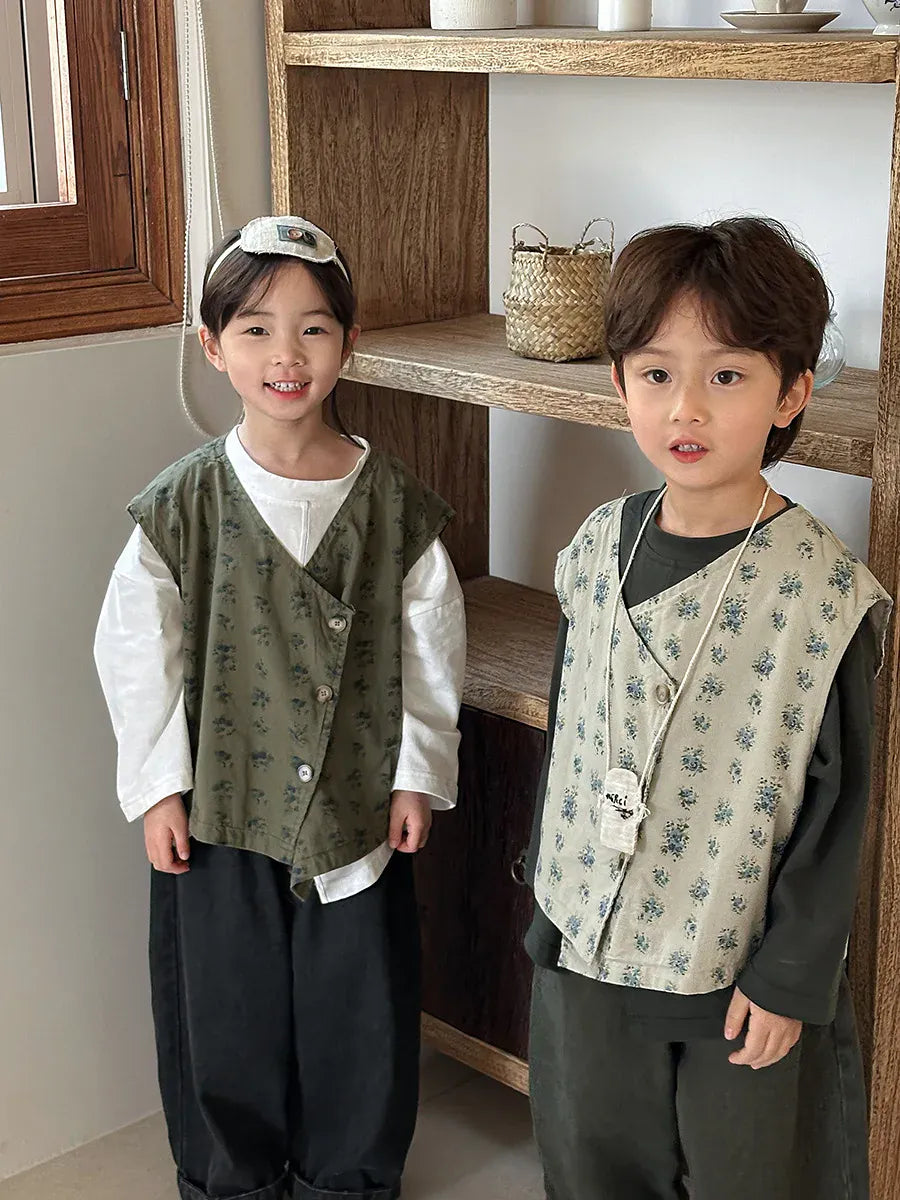 ベスト キッズベスト フラワープリントアシメボタンベスト【mh0008891】