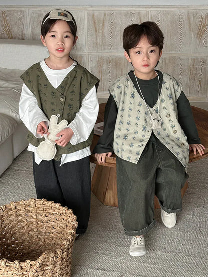 ベスト キッズベスト フラワープリントアシメボタンベスト【mh0008891】