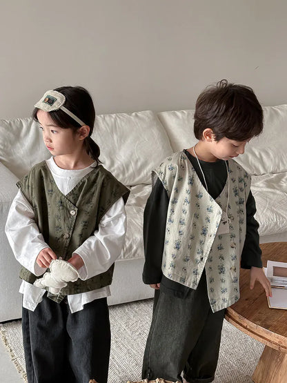 ベスト キッズベスト フラワープリントアシメボタンベスト【mh0008891】