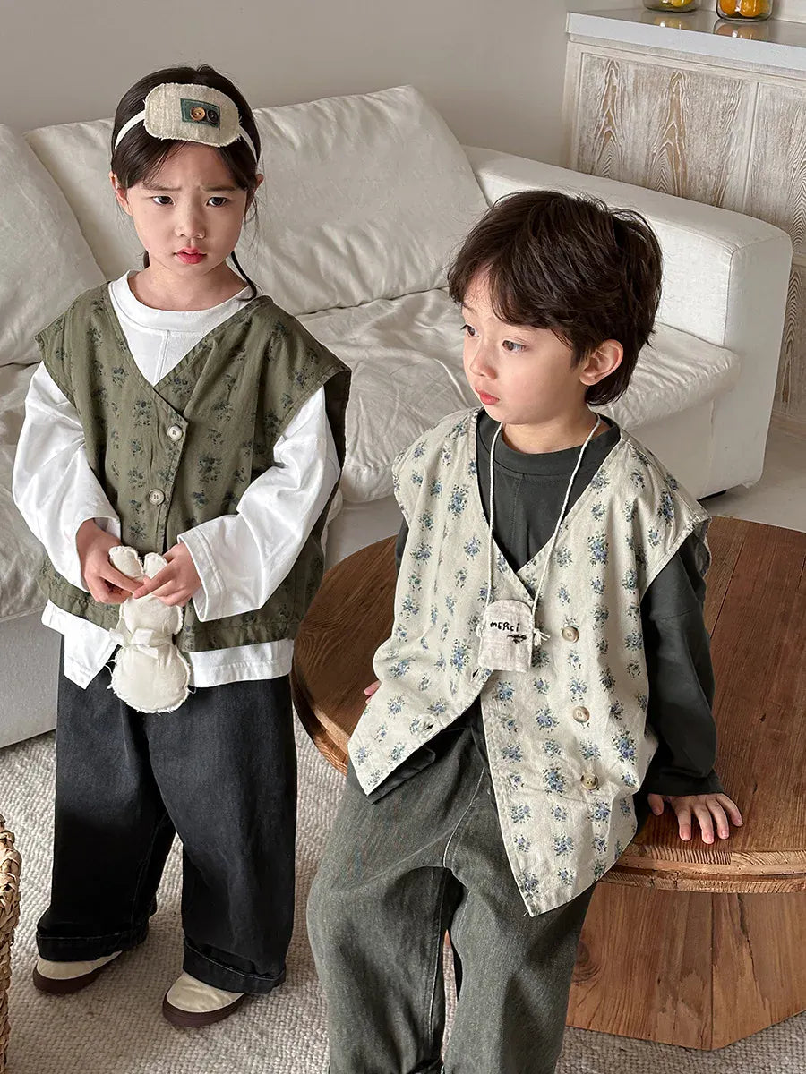 ベスト キッズベスト フラワープリントアシメボタンベスト【mh0008891】