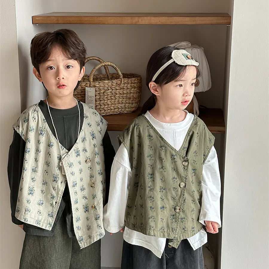 ベスト キッズベスト フラワープリントアシメボタンベスト【mh0008891】