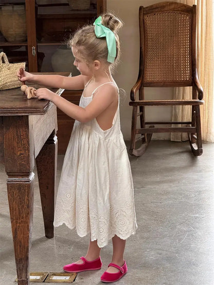ノースリーブワンピース キッズワンピース フラワー刺繍キャミソールスカラップレースワンピース【mh0008896】