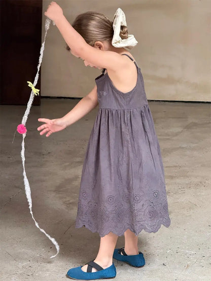 ノースリーブワンピース キッズワンピース フラワー刺繍キャミソールスカラップレースワンピース【mh0008896】