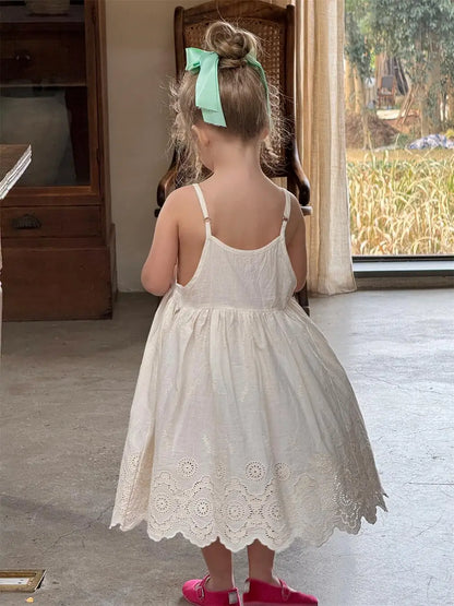 ノースリーブワンピース キッズワンピース フラワー刺繍キャミソールスカラップレースワンピース【mh0008896】
