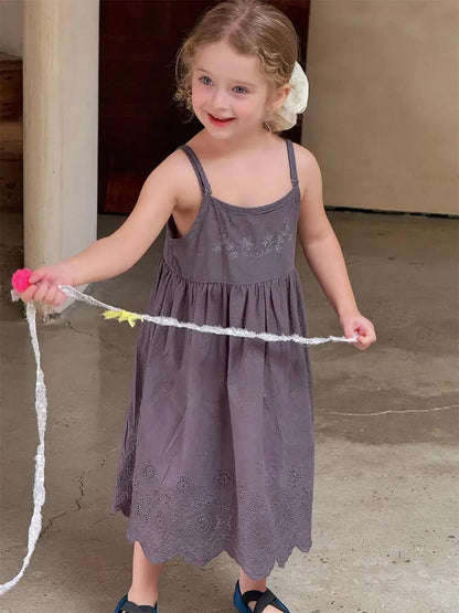 ノースリーブワンピース キッズワンピース フラワー刺繍キャミソールスカラップレースワンピース【mh0008896】
