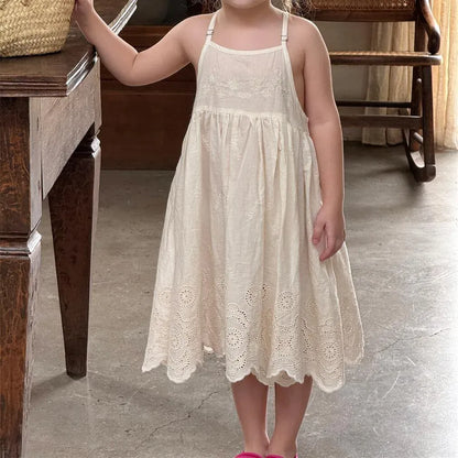 ノースリーブワンピース キッズワンピース フラワー刺繍キャミソールスカラップレースワンピース【mh0008896】