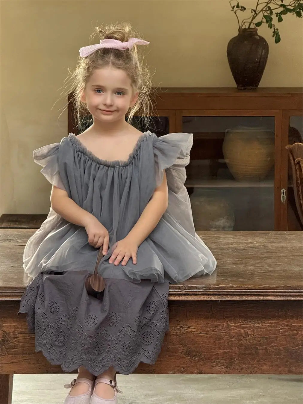 半袖シャツ・ブラウス キッズトップス チュールメッシュバタフライスリーブボリュームチュニックブラウス【mh0008897】