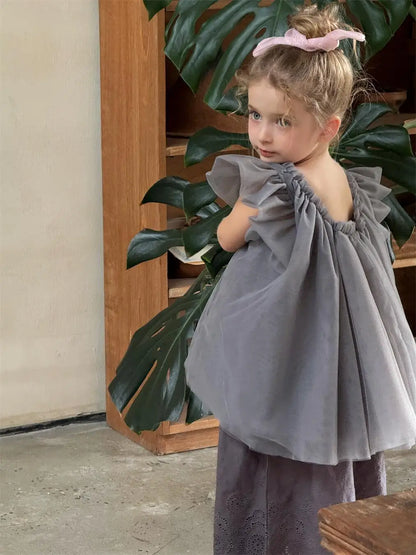 半袖シャツ・ブラウス キッズトップス チュールメッシュバタフライスリーブボリュームチュニックブラウス【mh0008897】