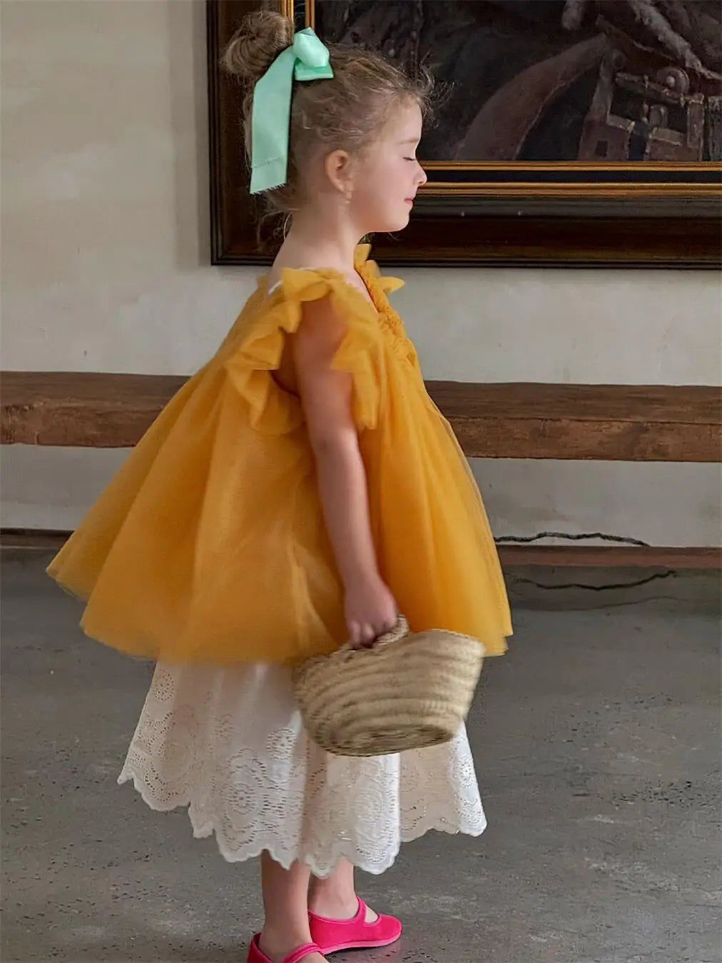 半袖シャツ・ブラウス キッズトップス チュールメッシュバタフライスリーブボリュームチュニックブラウス【mh0008897】