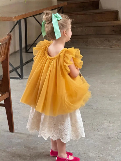 半袖シャツ・ブラウス キッズトップス チュールメッシュバタフライスリーブボリュームチュニックブラウス【mh0008897】